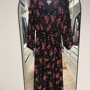Black Floral Wrap Maxi Dress with Pink Bloom Print
